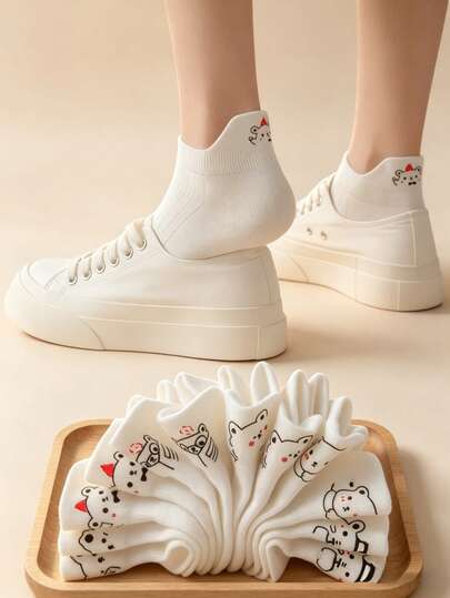 5/1 Pair Women Cute Panda Cartoon Short Socks, Japanese Kawaii White Low-Cut Ankle Socks, Breathable Comfortable Casual Socks, Suitable For Spring, Summer, Autumn, Korean/Japanese Style, Suitable For Sports, Campus Life, Soft & Skin-Friendly Socks For Girls