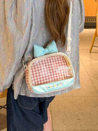 2026 INS Popular Plaid Transparent Bow Cute Square Bag, Contrast Color Sweet Shoulder Bag, Jelly Bag, Letter Girl Ita Bag