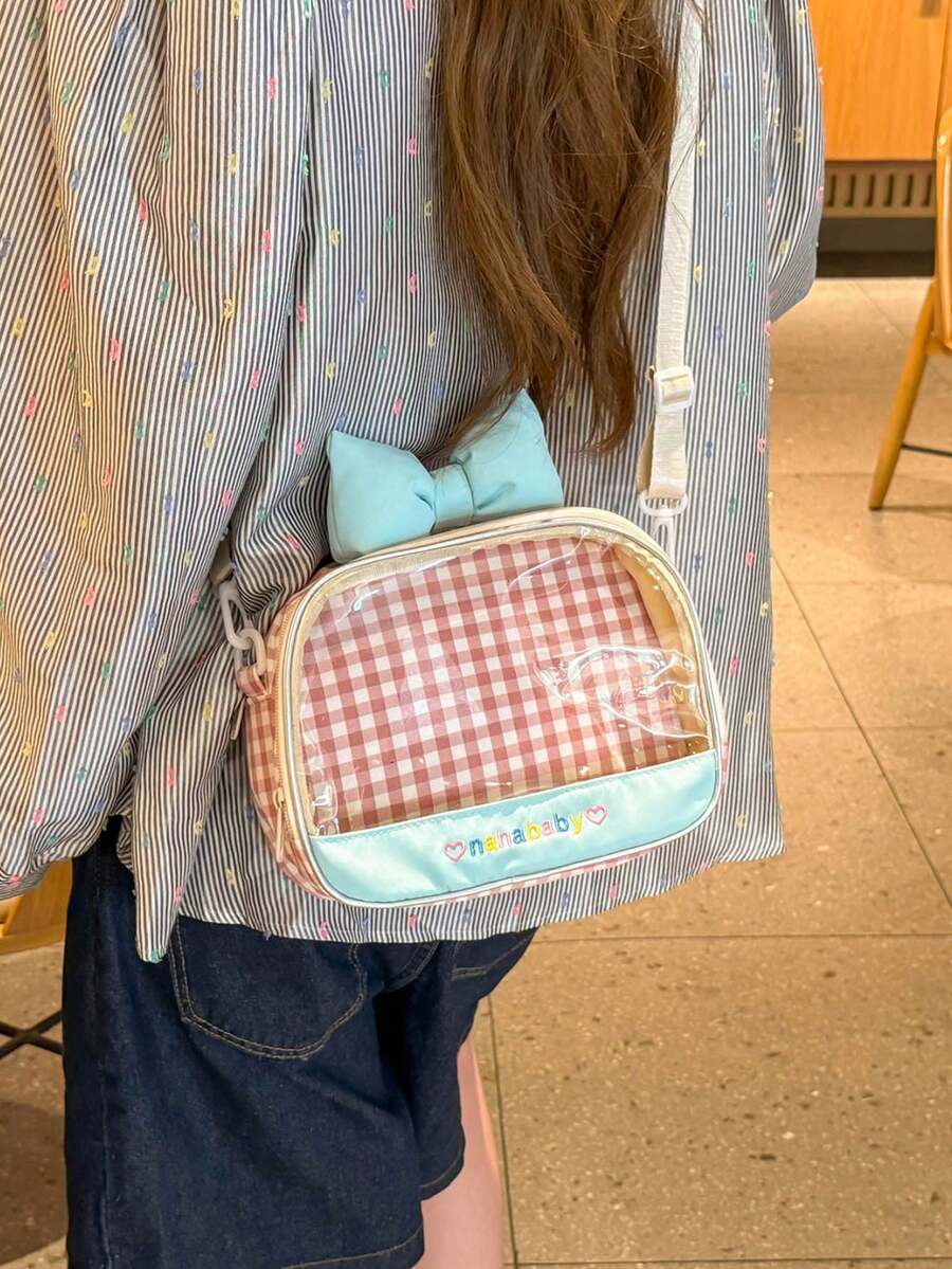 2026 INS Popular Plaid Transparent Bow Cute Square Bag, Contrast Color Sweet Shoulder Bag, Jelly Bag, Letter Girl Ita Bag