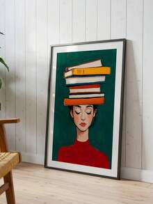 1件帆布壁畫，帶框牆飾，書蟲女性頭頂堆滿書籍的藝術海報，翡翠綠與紅色調現代肖像壁飾，適合打造美感、溫馨、愛書且柔和的裝飾氛圍，適用於客廳、臥室、閱讀區、居家辦公室、教室、公寓與宿舍 - 閱讀藝術 - 查看 2