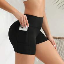 Pantalones cortos de Yoga de LICRA con bolsillos para mujer, pantalones cortos de entrenamiento de cintura alta - Negro - Ver 4