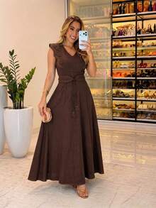 Sensorial Marrante Long Midi Dress, Sleeveless Evangelical Chemise Dress, Solid Marsala Color, For Women, Autumn, Navy Blue - 鏽棕色 - 查看 3