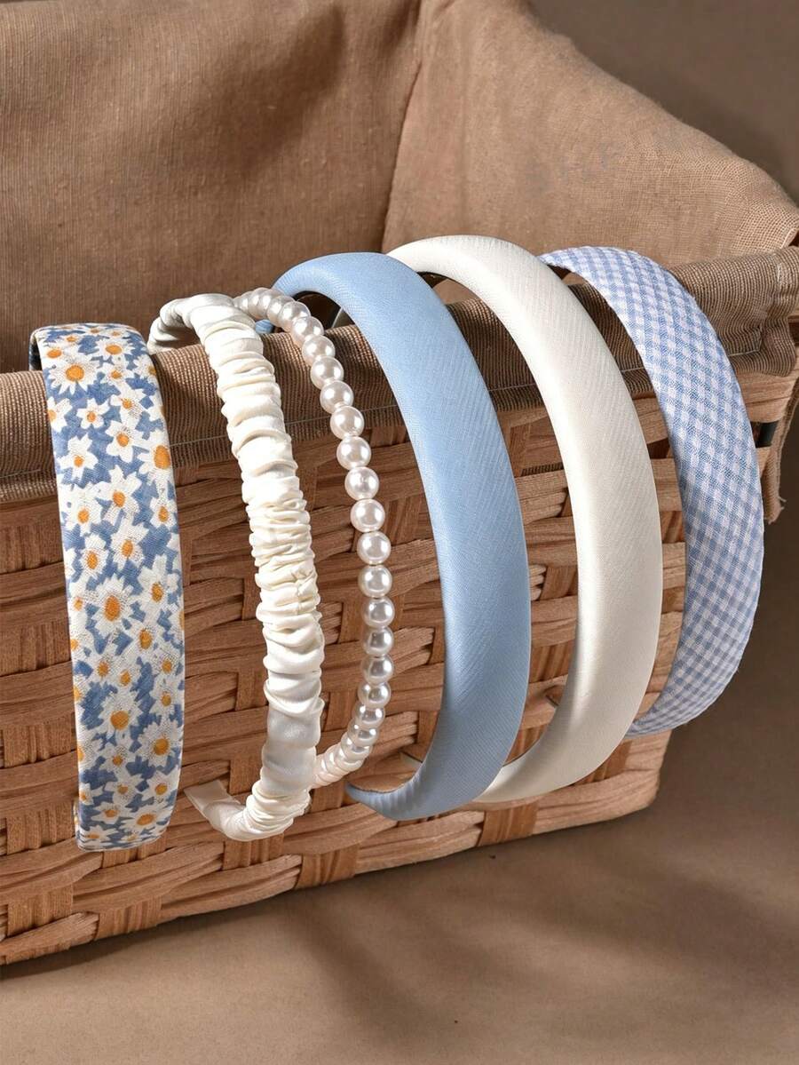 Diademas para mujeres, moda, acolchadas, con flores de perlas falsas y cuadros, scrunchies, aros de pelo anchos antideslizantes, accesorios de pelo estéticos para niñas, uso diario, fiestas, regalos, verano - Azul y blanco - Ver 1
