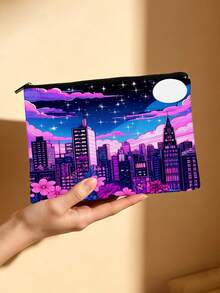 Vaporwave Neon Whale & Cityscape Print Cosmetic Bag - Multicolor - View 10