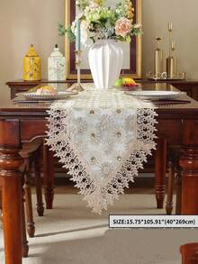 ABEST6522 Home&Living store 1pc Double Layer Fabric Lace Trimmed Table Runner, Dimensional Embroidery With Golden Thread For Kitchen, Dining, Study Tables, Home Decoration, Festivals And Parties, Indoor/Outdoor Use - Multicolor - View 18
