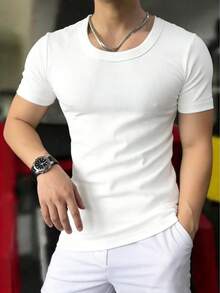Herren Lässig einfarbiges Slim Fit T-Shirt mit Kurzarm, minimalistisch vielseitig für den täglichen Gebrauch - Weiss - Übersicht 4