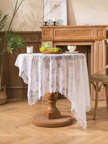 1 pieza Mantel con estampado floral y relieve de encaje estilo pastoril francés, cubierta de mesa de comedor, decoración navideña - Blanco - Ver 10