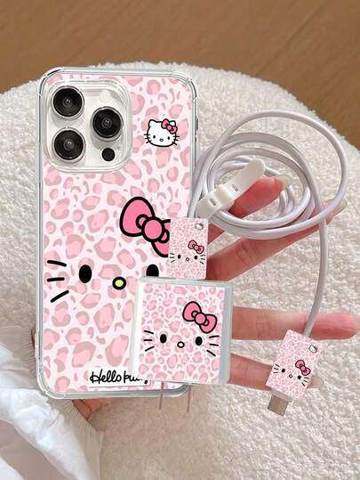 SANRIO Hello Kitty Phone Case + Charger Protective Set, Pink Leopard Print Cute Cartoon For IPhone 20W Charger Protective Case, Anti-Drop Transparent Girly Bow Design