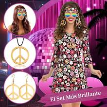 Disfraz Hippie de Los Años 60 y 70, 6 Piezas Conjunto de Hippie para Mujer, Traje Discoteca, con Diadema, Collar, Aretes y Gafas de Sol, Disfraz para Halloween - Floral - Ver 2