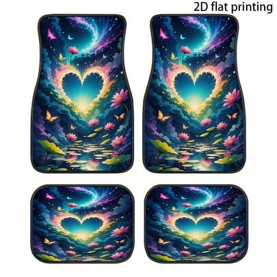 JIT, 4pcs Car Floor Mats, Dreamy Heart-Shaped Floral And Butterfly Pattern, Universal Car Floor Mats, Made Of Polyester Fiber, Suitable For All Seasons, Car Interior Accessories, Wear-Resistant, Washable, Suitable For Front And Rear Seats, Car Decorative Accessories, Easy To Clean