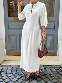 Business Casual Woman Wedding Guest Dress Women All White Party Outfit Women Women's Maxi Dress, White Maxi Dress Old Money Style Wome Teacher Outfits For Women Solid Color, Long Sleeves, Tie-Up Simple And Stylish, Suitable For Summer Ladies Summer Wear Women's Summer Simple Solid Color Front Tie Waist Dress New Year Casual White - trắng - Xem 6