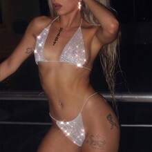 New Women's Rhinestone Bikini Set, Sexy Tie-Up Outdoor Beach Two-Piece Swimsuit - White - View 4