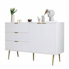 Sideboard, Wohnzimmerschrank Mit Türen Und Schubladen, Innenregalen, Kommode Mit Goldenen Griffen Und Beinen - White+Gold - View 3