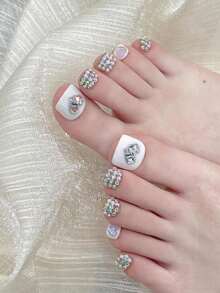 10PCS Handmade Press On Toenail For Party And Daily Wear, Easy To Wear, Suitable For Girls And Women Festivals Parties And Music Festival, Valentine's Day Mother's Day Gift. Nails - White - View 2