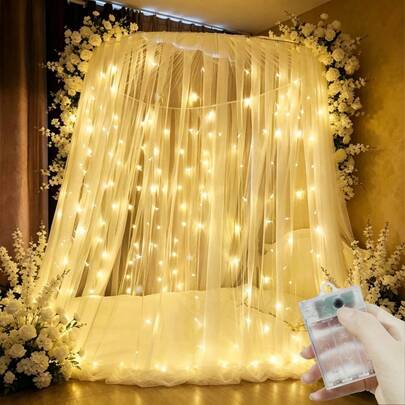 1pc, 100/200/300/600 LED Curtain Lights String, Wedding Backdrop Wall Hanging Lights, Battery Powered, 8 Lighting Modes, Suitable For Home Room, Bedroom, Garden, Window, Stage, Wall, Birthday Party, Proposal, Wedding Ceremony Atmosphere Lights. Halloween, Christmas Holiday Decor Fairy Lights.