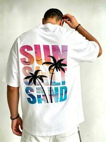 Men's Plus Size Short Sleeve Casual Summer Streetwear T-Shirt With Sunset Beach Palm Tree Pattern - White - View 2