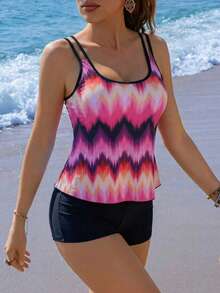 Pink Purple Gradient Jagged Wave Pattern Double Spaghetti Strap Tankini U-Neck Ruffle Hem Tankini Shorts Two Pieces Swimwear - Multicolor - View 1