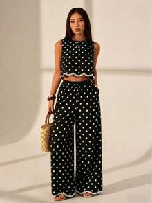 Ensemble 2 pièces à pois pour femmes, top court sans manches avec pantalon large, tenue de vacances décontractée noire élégante pour l'été - Noir - Voir 6