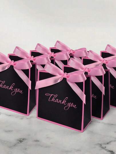 10pcs/5pcs/1pc Fashion Creative Thank You Gift Bags, Romantic Girl Style Black & Pink Bow Decor, Elegant "Thank You" Printed, High-Quality Paper Tote Bags For Holiday Gifts, Party Favors, Birthday Celebrations, Business Appreciation