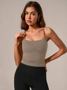 TimeOff 1pc Women Solid Color Spaghetti Strap Backless Camisole With Chest Pads Sports - Coffee Brown - View 8