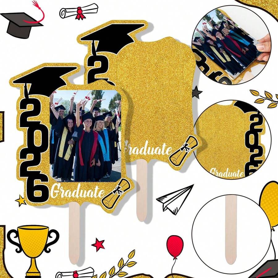12pcs/Set 2026 Graduate Photo Fans - DIY Glitter Graduation Hand Fans With Wooden Handle, Graduation Party Photo Booth Props And 2026 Graduate Gifts - Multicolor - View 1