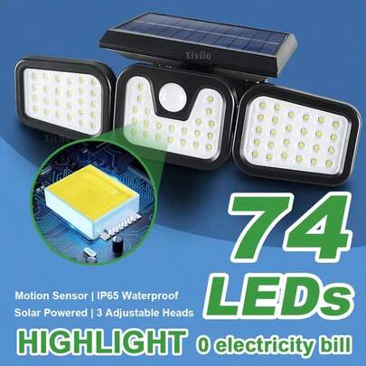 Đèn năng lượng mặt trời ngoài trời 74 LED, 3 đầu đèn điều chỉnh được, cảm biến chuyển động, 3 chế độ chống nước, pin lithium dung lượng lớn, đèn pha có thể điều chỉnh bằng điều khiển từ xa, thích hợp cho nhà để xe, sân vườn, lối đi và sử dụng ngoài trời, đèn chiếu sáng ngoài trời, đèn năng lượng mặt trời hiện đại, nhựa ABS bền.