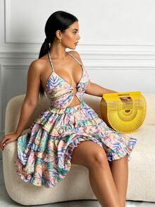 2026 Spring New Women's Clothing  European And American Cross-Border Dress Sexy Hollow Out Halter Neck V-Neck Tiered Dress - 粉色 - 查看 4