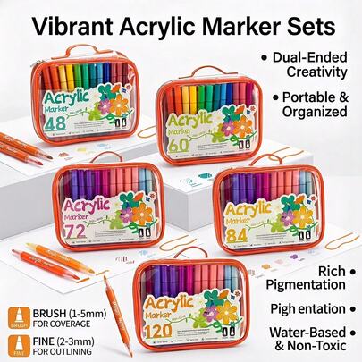 48/60/72/84 Colors Dual-Tip Acrylic Marker Pens Set, 1-5mm Broad Tip + 2-3mm Fine Tip, Waterproof Quick-Drying High-Coverage Ink, Suitable For Stone, Ceramic, Canvas DIY Painting, Portable Design For Students, Illustrators And Creative Drawing