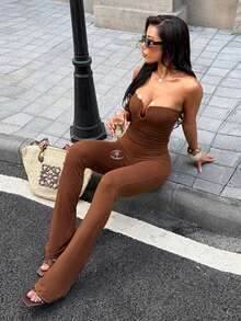 1 pieza Vestido con detalle de corpiño de tela de punto de unicolor, adecuado para vacaciones, viajes y citas, verano - Marrón - Ver 4
