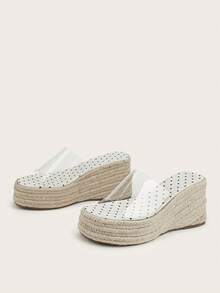 Sandal đế xuồng hở mũi, trong suốt, chất liệu vải lanh dệt, họa tiết chấm bi trắng. - trắng - Xem 2