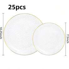 Bộ 25 đĩa trong suốt viền vàng, đĩa ăn tối kiểu phương Tây, đĩa tiệc, đĩa mì Ý, cỡ lớn 10.25 inch/cỡ nhỏ 7.5 inch, đĩa trong suốt viền vàng có thể tái sử dụng, bộ đồ ăn kiểu Baroque, viền vàng dập nổi, thích hợp cho tiệc tùng, tiệc chiêu đãi, đám cưới, năm mới, ngày Valentine, bộ đồ ăn cao cấp. - Nhiều màu sắc - Xem 15
