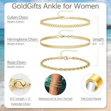 Waterproof Ankle Bracelets For Women, 14k Gold Plated Hypoallergenic Layered Stackable Herringbone Cuban Link Chain, Adjustable Beach Anklets Bracelets For Women Gift 3pc Sets - 3pc Gold03 - View 4