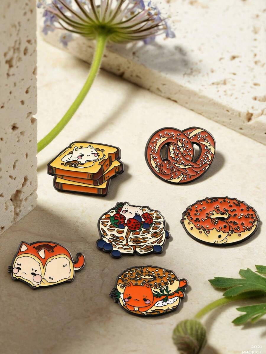 1/6pcs Cute Cat Face Bread Brooch, Multiple Expressions Design, Versatile For Clothing & Bags, Funny Small Accessory Gift For Friends - Multicolor - View 1