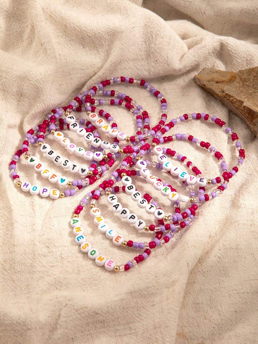 12pcs Colorful Letter Seed Bead Cute Girly Friendship Bracelet Set, Versatile Style, Random Colors, Suitable For Girls Daily Wear Or Gift - Multicolor - View 1