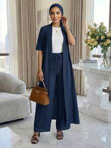 SHEIN Lady Bộ đồ hai mảnh bốn mùa thanh lịch, giản dị, đi làm, đi nghỉ, dành cho nữ - Màu xanh hải quân - Xem 6