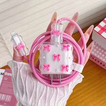 Set Pelindung Kabel Pengisian Daya 20W/18W dengan Desain Pita Merah Mawar dan Bunga Mutiara Putih, Tali Pelindung Kabel, Casing Pelindung, Cocok untuk iPhone Apple, Pilihan Hadiah yang Bagus - Hot Pink - View 2