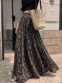 Chân váy dài EARO Chic dành cho nữ, họa tiết Paisley đen, chất liệu không co giãn, đa năng cho mọi dịp. - màu đen - Xem 1