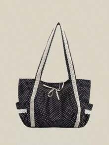 Back To School Black & White Polka Dot Heart Canvas Tote Bag, Large Capacity Contrast Color Shoulder Bag, Suitable For College Students, Versatile Handbag, Underarm Tote Bag , Polka Dot - 彩色 - 查看 3