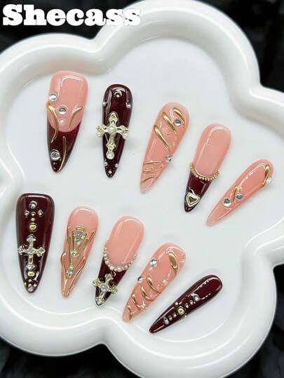 10pcs Handmade Press On Nails Stiletto Nails Long Nails Red Nails French Nails 3D Nail Decoration With 3pcs Nail Art Tools Nail Glue Nail Supplies Fake Nails Acrylic Press On Nails For Women And Girls To Party Travel Daily School Summer Nails Travel Vocation Music Festival