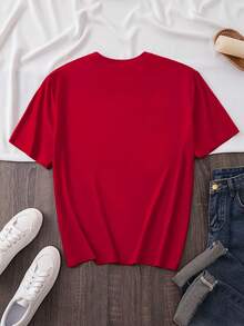 Plus Size, Women's Summer New Arrival T-Shirt With Short Sleeves, Featuring A Cartoon Print Of A -Gray French Bulldog Wearing Pink Heart-Shaped - 紅色 - 查看 2
