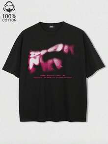 Camiseta negra con letras borrosas y gráfico azul - Rojo - Ver 1