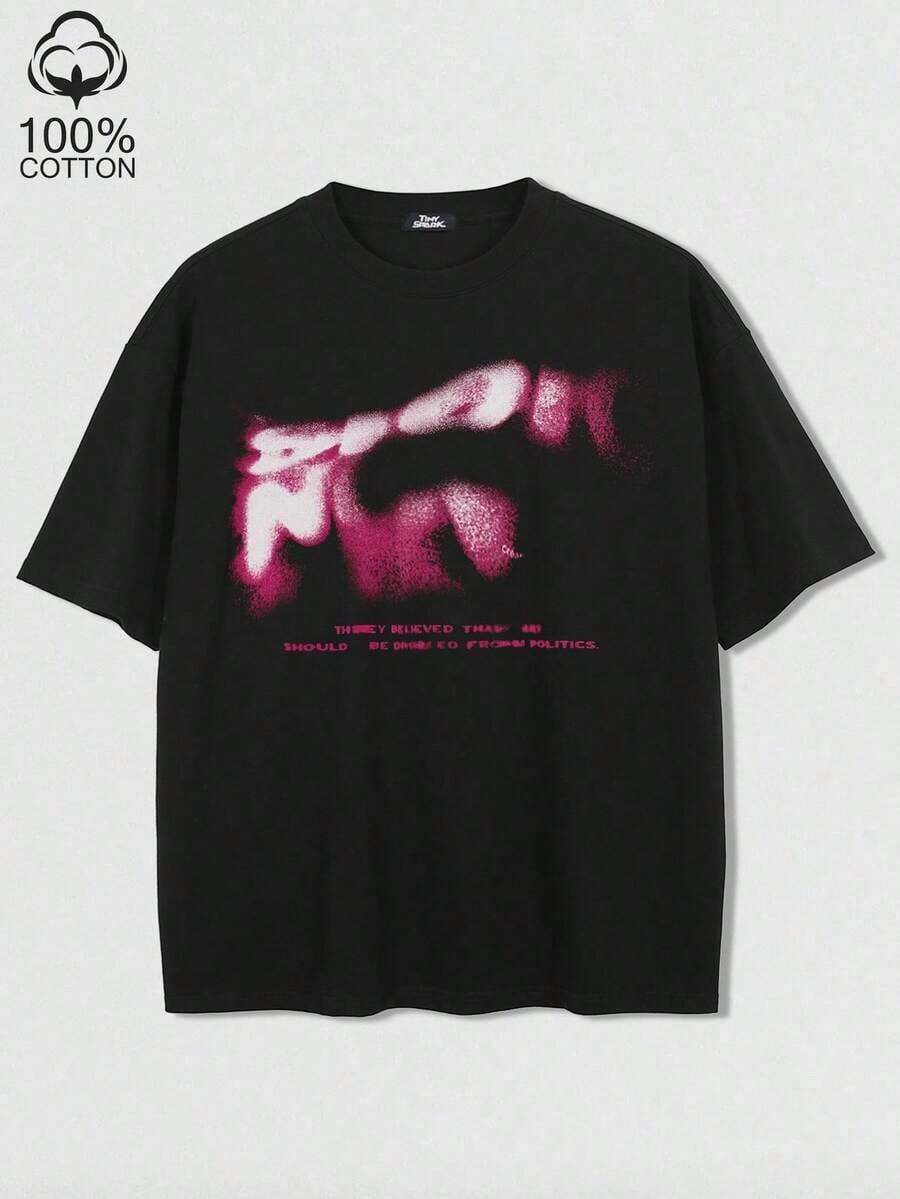 Camiseta negra con letras borrosas y gráfico azul - Rojo - Ver 1