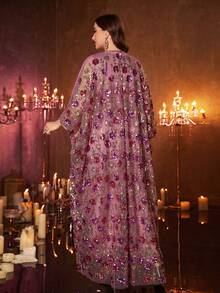 UNITHORSE Gaun Jubah Turki 2 Potong Wanita Ukuran Plus dengan Leher Bulat, Lengan Kelelawar, Payet Panjang, Jala Kontras, Bordir, dan Sabuk, Cocok untuk Liburan Musim Gugur - Red Violet - View 2