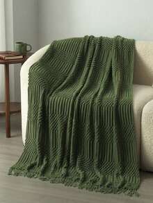 Solid Color Diamond Knitted Throw Blanket With Fringe, Soft Warm Boho Blanket For Couch, Bed, Sofa & Home Decor - P-green - View 1