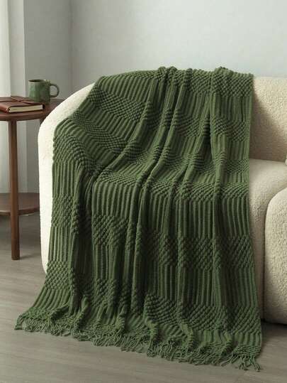 Solid Color Diamond Knitted Throw Blanket With Fringe, Soft Warm Boho Blanket For Couch, Bed, Sofa & Home Decor