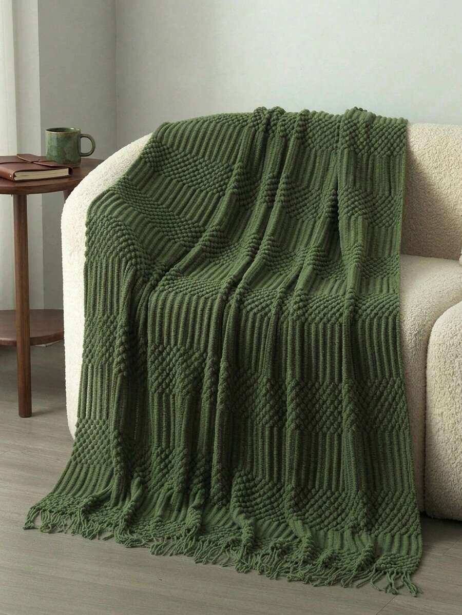 Solid Color Diamond Knitted Throw Blanket With Fringe, Soft Warm Boho Blanket For Couch, Bed, Sofa & Home Decor - P-green - View 1