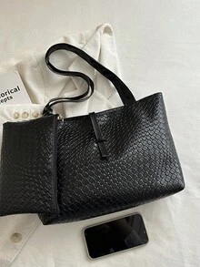 2026 New Arrival European And American Woven Pattern Large Capacity Tote Bag, Women's Commuter Versatile Shoulder Handbag, Fashion Minimalist Top Handle Bag - Black - View 9