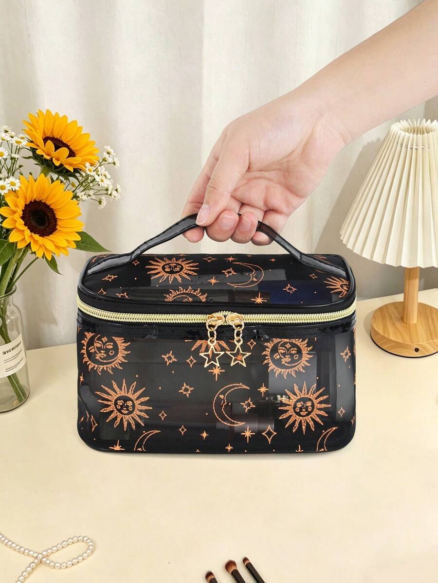 1pc Black & Gold Sun & Moon Mesh Cosmetic Bag, Women's Large Capacity Portable Toiletry Bag, Travel Transparent Storage Pouch, Ins Style
