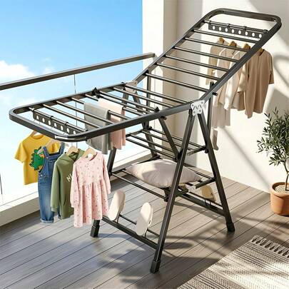 Varal de roupas dobrável em aço inoxidável, suporte de secagem de grande capacidade para uso interno e externo.