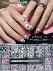 KIRAME 21-Grid DIY Nail Art K9 Glass Pink Flat-Back Rhinestones Kit - 30PCS Each High-Shine Rhinestones With1 Drilling Pen And 2pcs Nail Chains,Manicure Gems ,Nails Salon ,Nails At Home,Nail Suppliers, Nail Charms,Nail Stuff,Christmas, New Year,Valentine Day Nails,Mothers Day,Festival Gifts,Suitable For Crafts, Apparel, Fabrics, Footwear, Glassware, Jewelry Making - Multi-Size Sparkling Decor - 粉色 - 查看 4